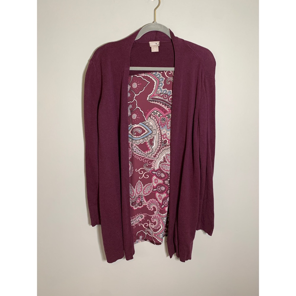 Chico's Cardigan Women Size 2 Large Plum‎ Purple Paisley Mixed Media Open Front